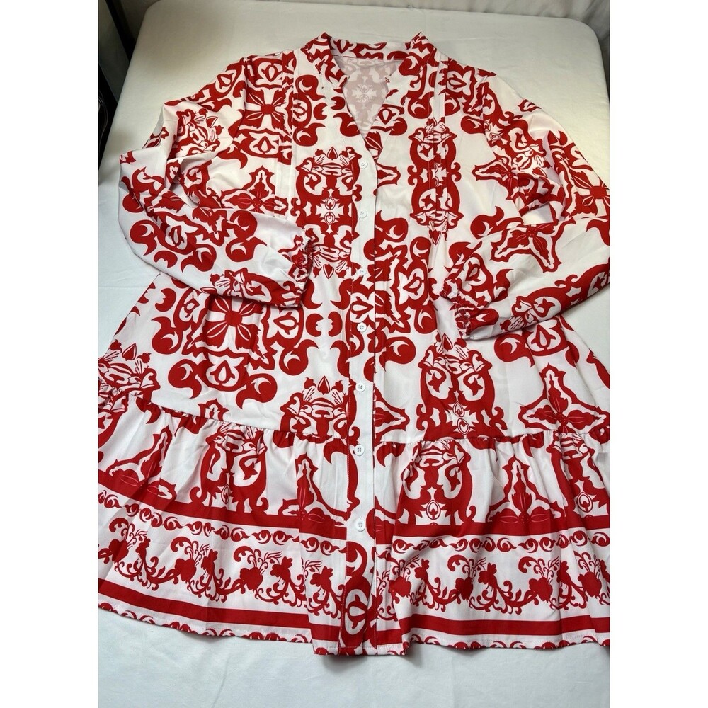 Red White Damask Tile Print Shirt Dress Tiered Ruffle Tunic Long Sleeve Large